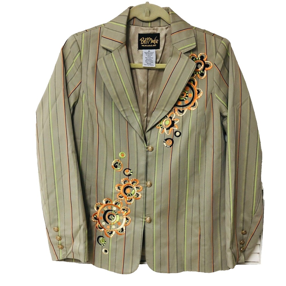 NWOT Bob Mackie Blazer Jacket Embroidered Striped Khaki Artsy‎ Office Women's XS